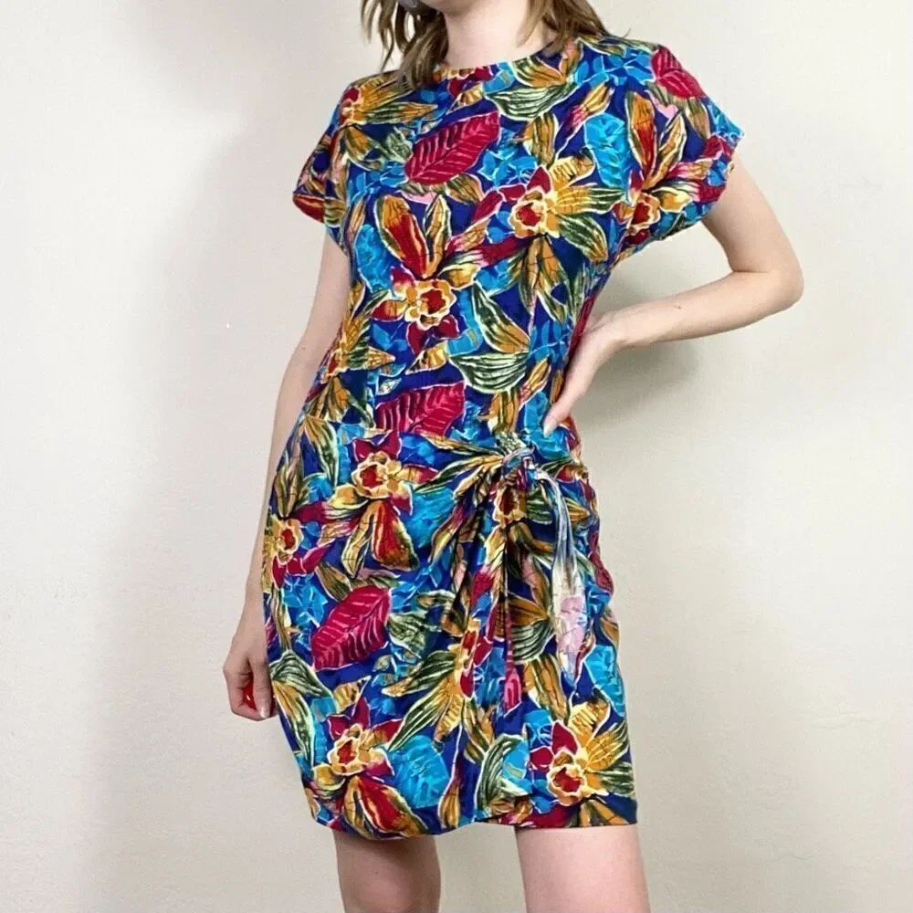 Vintage Joni Blair Colorful Tropical Floral Faux Wrap Mini Dress Size 7/8